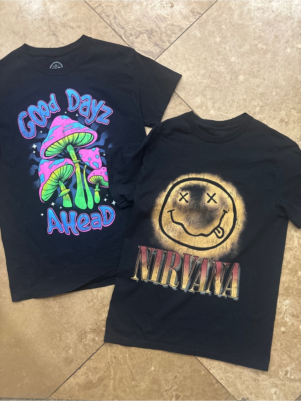 NIRVANA Kids Black Tee with Gold Smiley & Neon Mushroom Graphic